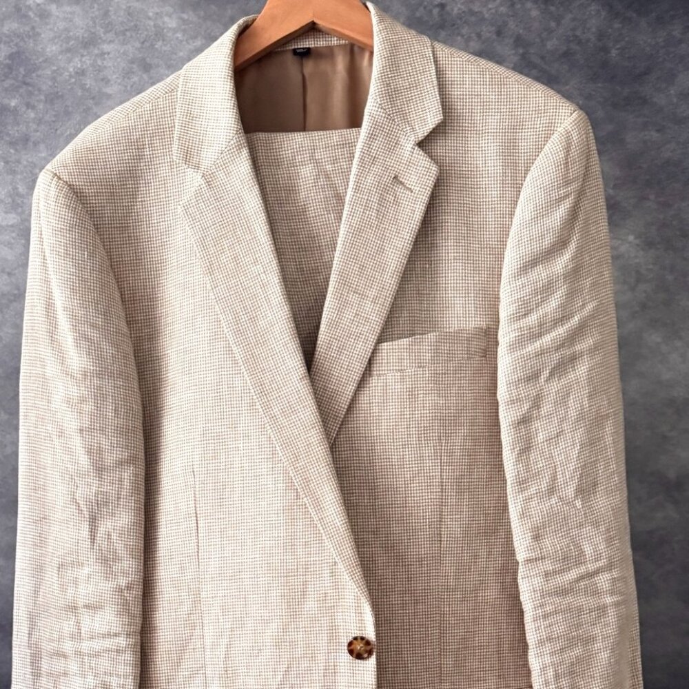 J.Crew Thompson Linen Suit – Beige Micro-Check – 42L / 34x34 – Excellent